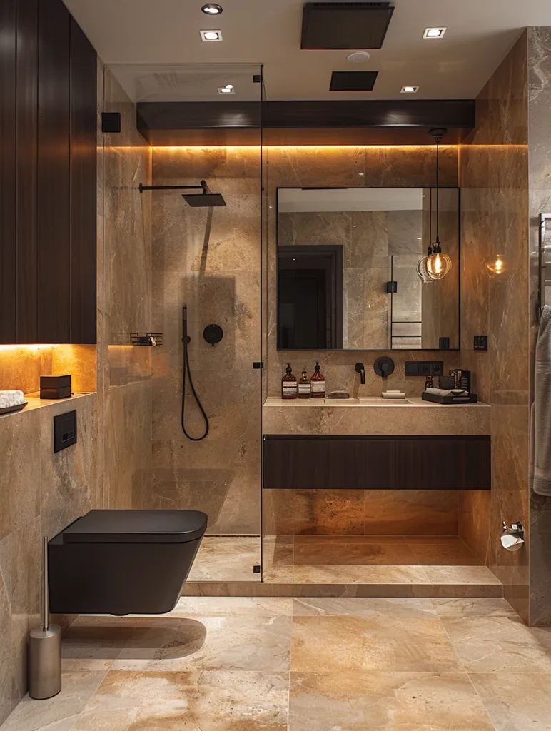 The bathroom is a luxurious space with brown and beige marble tiles, a sleek black toilet, and a large shower with a glass door. The vanity is made of dark wood with a floating sink and a large mirror. Warm lighting illuminates the space, creating a relaxing atmosphere. The bathroom is decorated with black accents, including the shower head, faucet, and toilet.