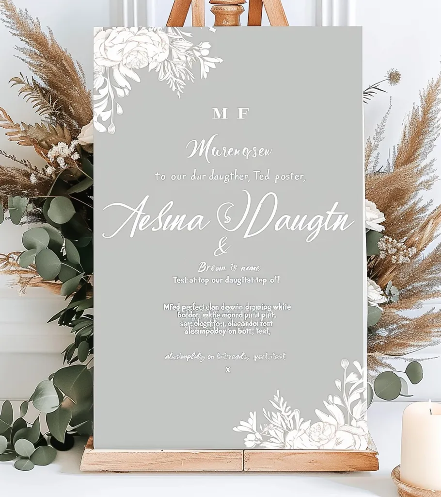 A wedding sign with a light grey background and white floral accents at the top and bottom. The sign announces the wedding of Aelina and Daugth, with a note about their daughter's name, Brown. The bottom of the sign features instructions for customizing the sign with text and font choices.