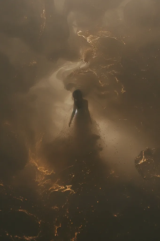 The image depicts a solitary figure, a woman in a flowing dress, standing in a surreal landscape of swirling, brown mist and scattered, glowing specks. The woman's silhouette is stark against the ethereal background, creating a sense of mystery and solitude. The overall atmosphere is one of dreamlike wonder and haunting beauty.