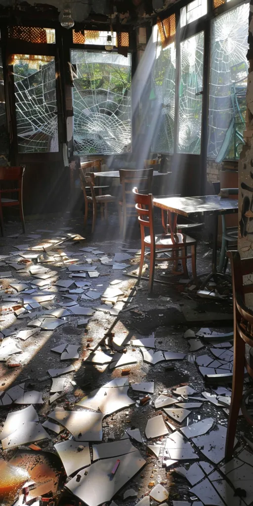 A room with shattered windows and broken tiles lit by a shaft of sunlight. The broken glass and tiles are scattered across the floor, with chairs and tables overturned in the center of the room. There's a sense of abandonment and ruin.