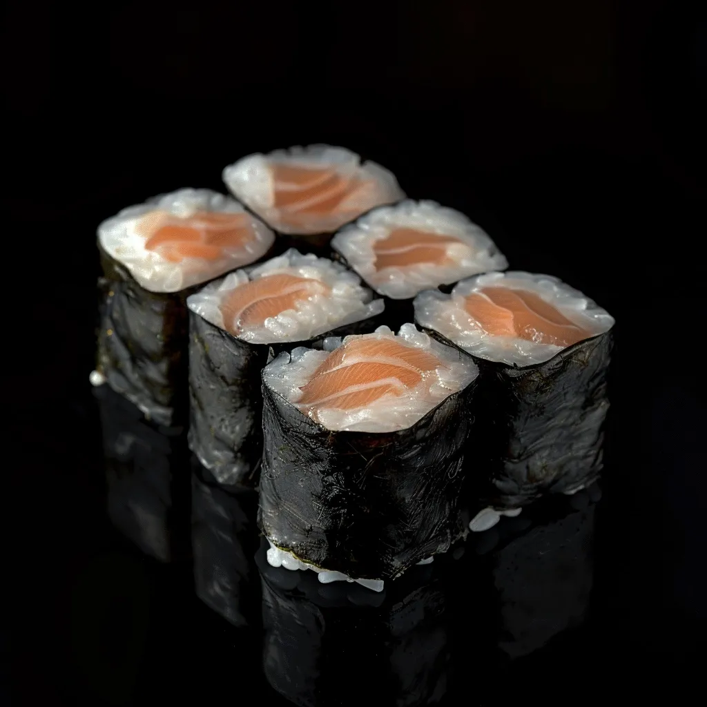 Six pieces of salmon maki sushi are arranged in a semi-circle on a black surface. Each piece is wrapped in nori seaweed and filled with rice and salmon. The sushi is partially reflected in the surface below. The image is well-lit and shows the details of the sushi.  The sushi looks fresh and inviting.