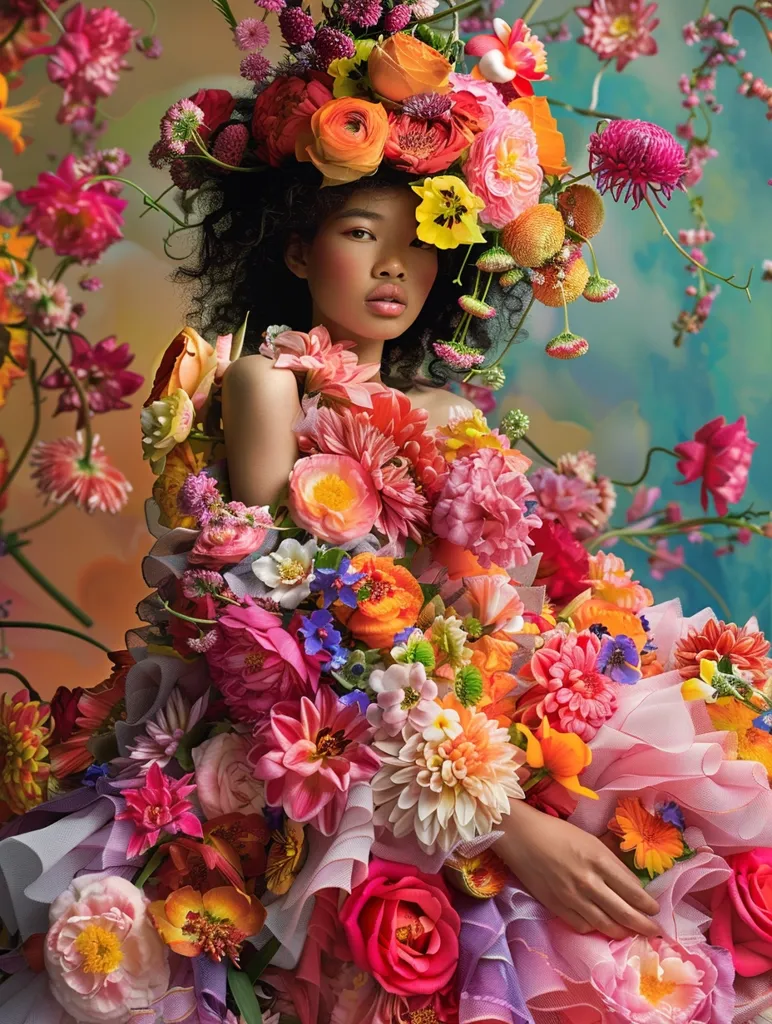 A woman with dark hair is wearing a crown and dress made entirely of bright, vibrant flowers. The flowers are arranged in a whimsical and intricate way, creating a stunning visual display.  Her face is serene, and she looks directly at the camera. The background is a soft blur of green and blue hues, further enhancing the focus on the woman and her floral attire. The overall image is one of beauty, elegance, and the magic of nature.