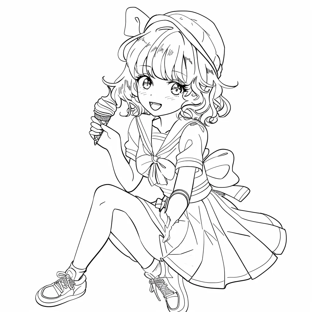 The image is a line drawing of a young woman in a sailor-style outfit. She is holding an ice cream cone in her right hand and is sitting on the floor with her legs spread apart. She has a big smile on her face and looks happy. She is wearing a sailor hat and her hair is in a curly style.  The drawing is very detailed and has a cute and charming feel.