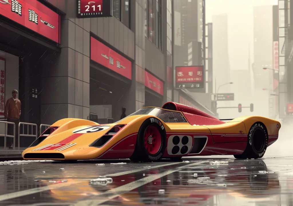 A yellow and red race car is parked on a city street. The street is wet from rain, and the car is reflected in the puddles.  The car has a number 88 on the side, and the background is a blurry cityscape.  The image has a retro feel, and the car looks sleek and powerful.