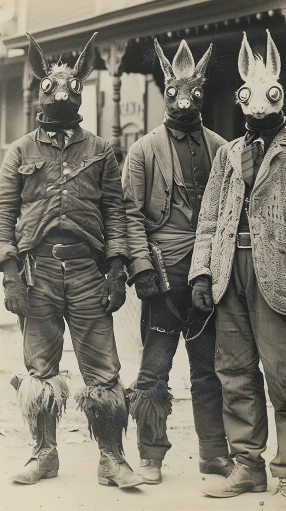 Three men stand in front of a building, their faces obscured by animal masks resembling rabbits. They are dressed in early 20th-century clothing, with long coats, boots, and hats. The photo is in black and white, giving it a timeless quality. The men's expressions are hidden, leaving their true identities and the purpose of their masks shrouded in mystery.