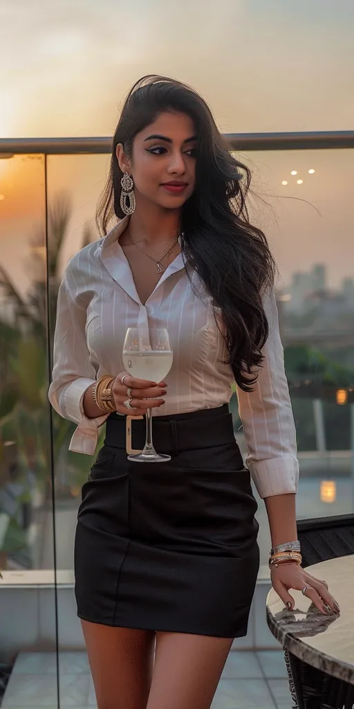 A young woman with long dark hair and a white shirt stands next to a table. She is wearing a black skirt, gold jewelry, and has her hair pulled back from her face. She is holding a glass of wine in her right hand. She is looking towards the right of the frame.  The background is blurred.  The setting is a patio or outdoor seating area.
