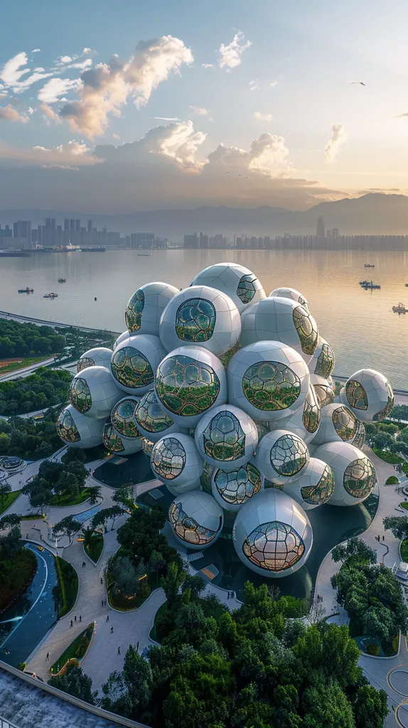 The image shows a futuristic, spherical building complex nestled amidst lush greenery. The building is made up of numerous interconnected, semi-transparent spheres, each with intricate geometric patterns. The complex sits on a waterfront, with a city skyline in the background. The sky is a pale blue with fluffy white clouds. The overall image evokes a sense of modern architecture and environmental harmony.