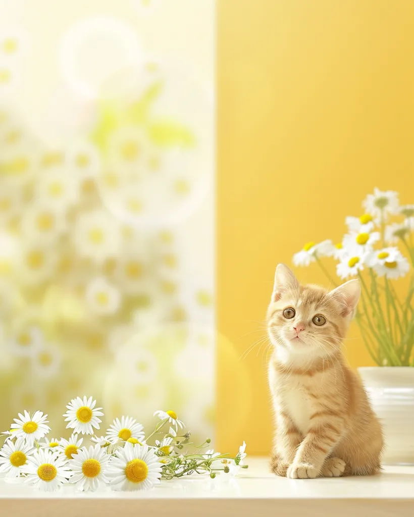 A fluffy orange kitten with white paws sits on a white table, looking up with curiosity. A bouquet of daisies sits in front of it, with more daisies blurred in the background. The backdrop features a yellow wall and a window with a blurry image of white flowers. The warm colors and soft lighting create a cheerful and inviting atmosphere.