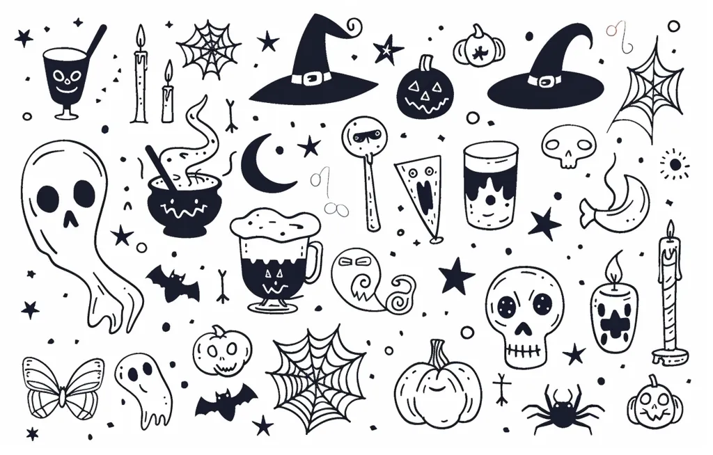 This is a black and white doodle drawing of Halloween symbols. It includes a witch's hat, pumpkins, a spider, a ghost, a cauldron, a skull, a spider web, candles, a crescent moon, and bats. The style is playful and whimsical.