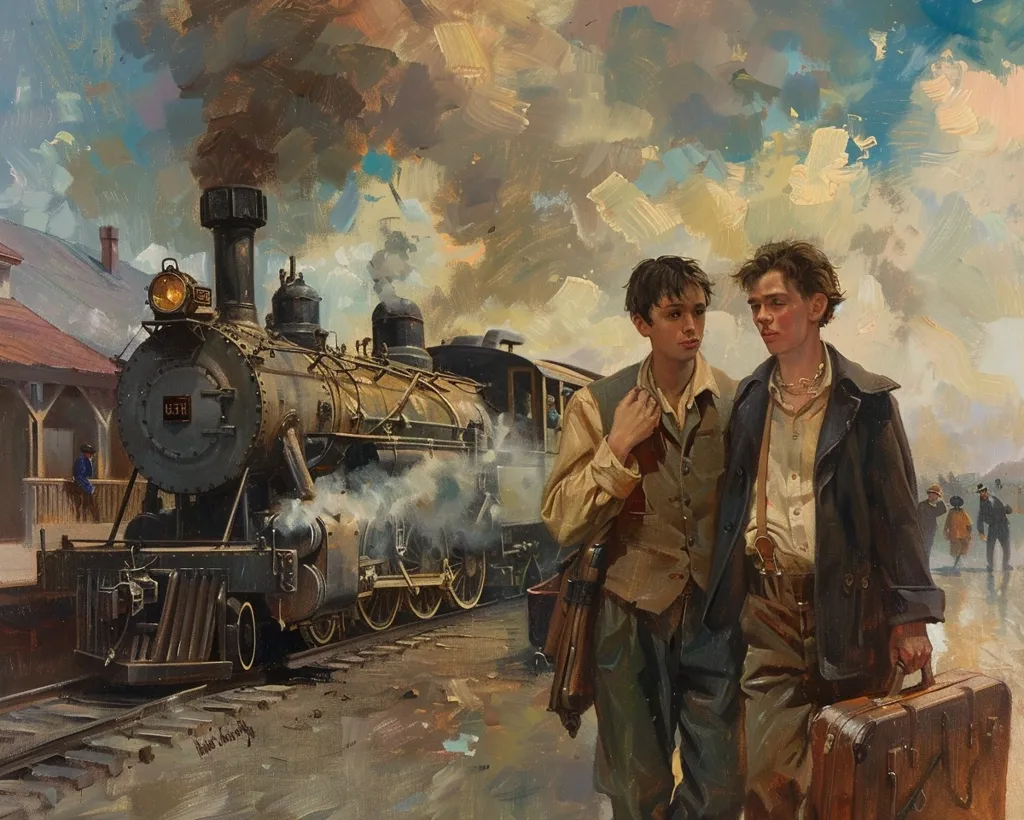 Two young men stand on a train platform, their backs to a large, steam-powered locomotive. The men are dressed in 19th-century clothing and appear to be on a journey. The train is spewing smoke and steam, creating a dramatic atmosphere. The painting captures a moment of departure, filled with anticipation and a sense of adventure.  A cloudy sky fills the upper portion of the scene, suggesting a sense of movement and change.