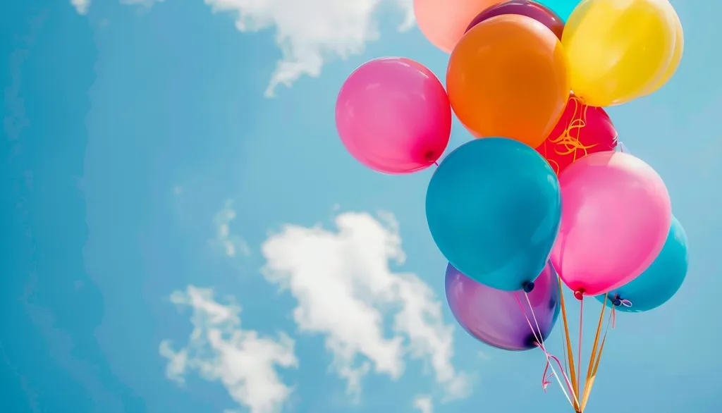 A cluster of colorful balloons floats against a bright blue sky dotted with fluffy white clouds. The balloons are a mix of pink, blue, yellow, orange, and purple, creating a cheerful and festive atmosphere. The image evokes feelings of joy, celebration, and carefree fun.