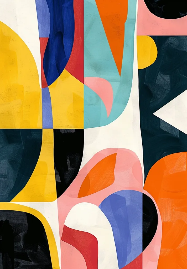 The abstract image features a vibrant color palette of blue, yellow, orange, pink, and black.  Geometric shapes overlap and intertwine, creating a dynamic composition.  The use of bold colors and contrasting textures adds depth and visual interest to the piece.  The overall effect is playful and energetic.