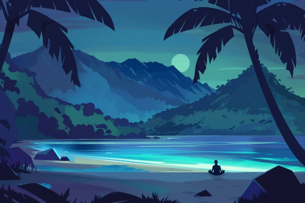 A serene night scene with a silhouette of a person meditating on a beach. The person sits on the sand with their legs crossed and their hands resting on their lap. In the background, there are lush green hills and a bright moon shining over the calm ocean water. Palm trees frame the scene with their leaves extending out over the water. The image has a peaceful and calming atmosphere.