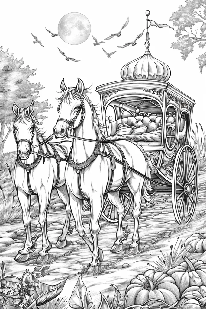 The image is a detailed pencil drawing of a horse-drawn carriage traveling down a path. Two white horses pull a carriage with ornate details, including a domed roof and intricate wheels. A full moon hangs in the sky, surrounded by birds. The carriage is traveling through a field, with pumpkins visible in the foreground. The drawing is intricate and realistic.
