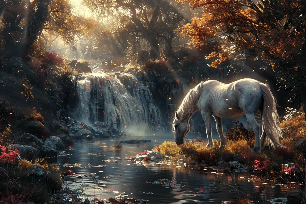 A white horse with a long flowing tail drinks from a clear pool of water at the base of a waterfall. Lush, green foliage surrounds the pool and a forest of trees stands in the background. Sunlight streams through the leaves and the air is filled with a soft, ethereal glow. The scene is peaceful and serene, capturing a moment of tranquility in nature.