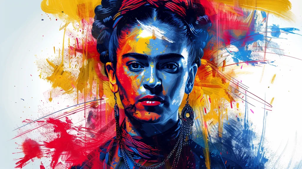 The image depicts a woman with a serious expression, her face highlighted by a mix of bold, vibrant colors. Her dark hair is styled in braids, and she wears large earrings and a necklace. The background is a chaotic swirl of yellow, red, blue, and black paint splatters, creating a sense of energy and movement.  The overall effect is both powerful and expressive.