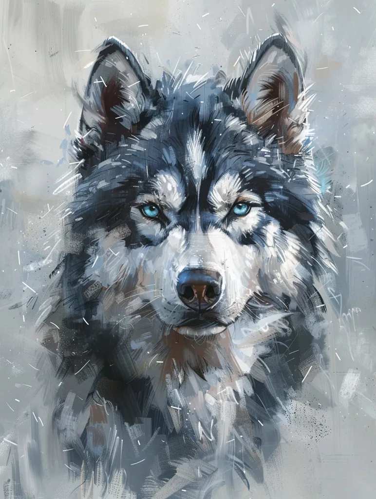 A wolf with piercing blue eyes stares intensely at the viewer. The painting is done in a painterly style, with loose brushstrokes and a soft, dreamy background. The wolf's fur is a mix of black, white, and gray, and its nose is prominent and pink. The image evokes a sense of wildness and power.
