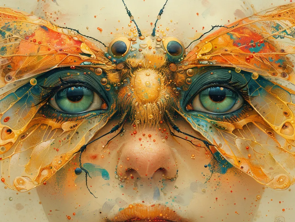 A close-up portrait of a person's face with a large, detailed butterfly wing covering their right eye. The butterfly wing is a vibrant yellow, orange, and blue with intricate veins and patterns. The person's other eye is visible and has a bright green iris. The background is a soft, muted beige with splashes of color. The overall effect is ethereal and dreamlike.