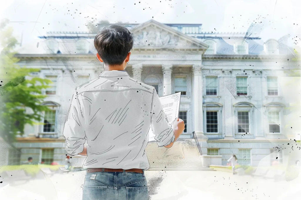 A man stands in front of a large, white, classical building. He is looking at a piece of paper in his hand. The image is drawn in a sketchy, almost unfinished style, with a lot of white space. The man is dressed in a white shirt and blue jeans. The building is in the background, with a lot of windows and a tall, stately facade. It is a serene and peaceful image.