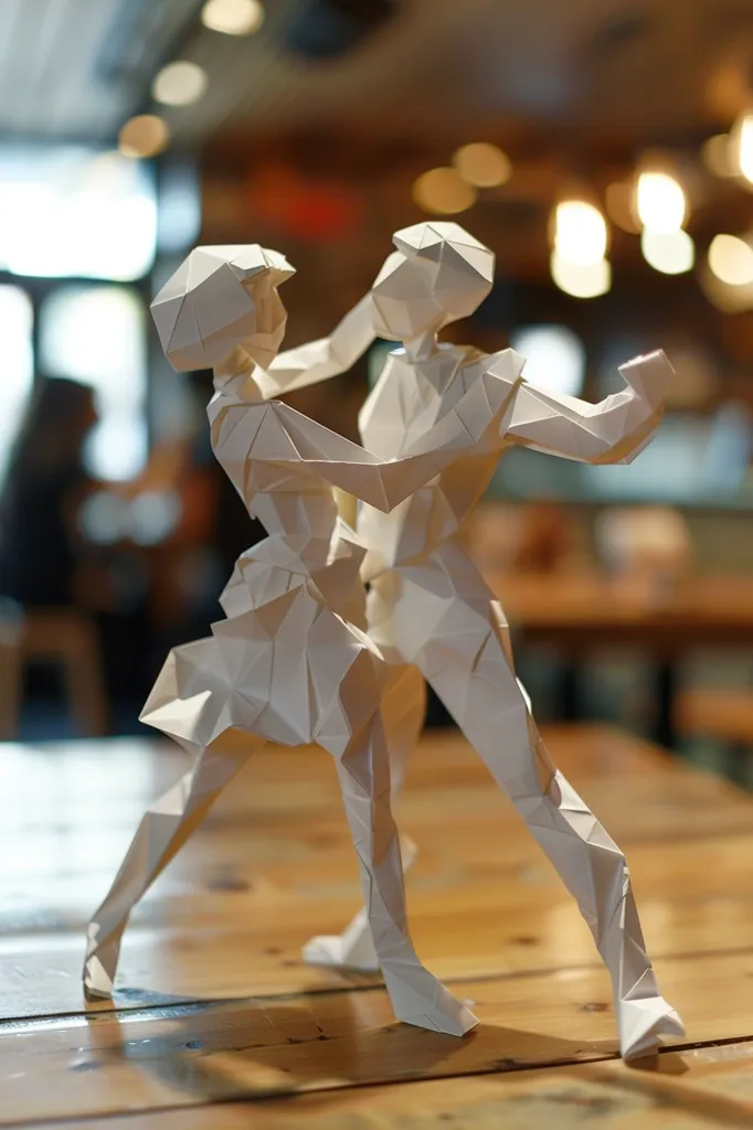The image shows a white origami sculpture of a couple dancing. The man is leading the woman, his arm around her waist, and she is gracefully following. They are posed in a mid-step, their legs extended in a dance pose. The sculpture is on a wooden tabletop, with blurred background of a cafe-like setting.