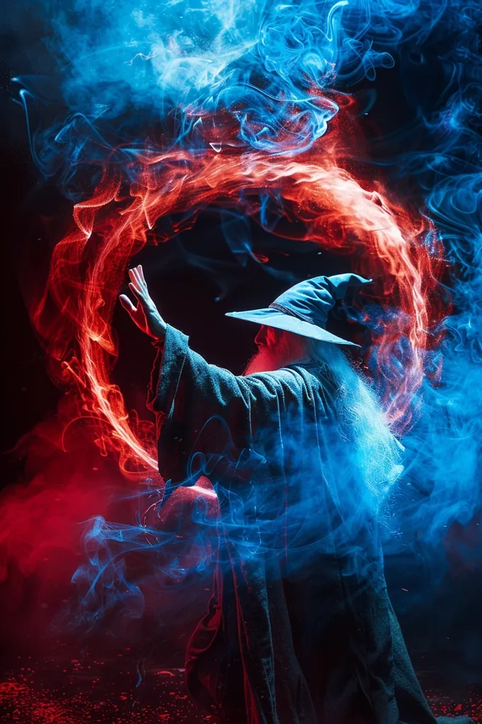 A wizard in a long, dark robe and pointed hat stands against a dark background, his arm outstretched towards a swirling vortex of red and blue smoke. The red smoke forms a circle around the wizard, while the blue smoke trails behind him, creating an ethereal and magical atmosphere. The image evokes a sense of power and mystery.