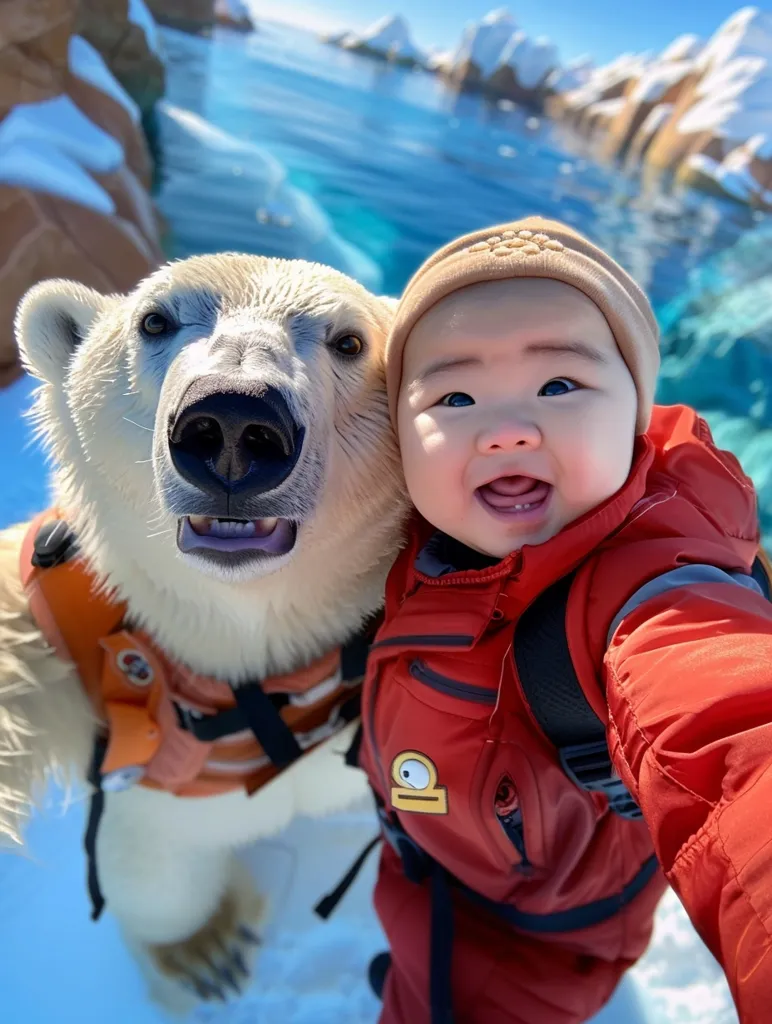 A baby in a red snowsuit and a brown beanie is taking a selfie with a polar bear. The bear is wearing an orange life jacket and looking directly at the camera. The background is a blue and white icy landscape. The baby's big, bright eyes are full of wonder and joy, reflecting a moment of pure innocence and companionship.