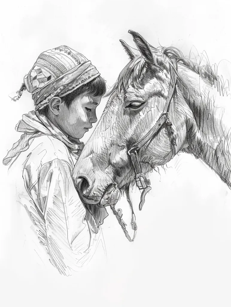 A pencil drawing of a young boy wearing a patterned hat and a horse. The boy is looking at the horse, who is looking at him. They are standing close together, and the boy's hand is resting on the horse's neck. The drawing is done in a realistic style, with detailed shading.  The image conveys a sense of love and connection between the boy and the horse.