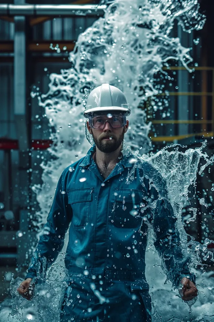 A man in a blue jumpsuit and a white hardhat stands in front of a large water spray. He is wearing protective goggles and has a determined expression on his face. The water splashes around him, creating a dramatic and energetic scene. He appears to be working in a factory or industrial setting.  The image captures the intensity of industrial work and the potential hazards associated with it.