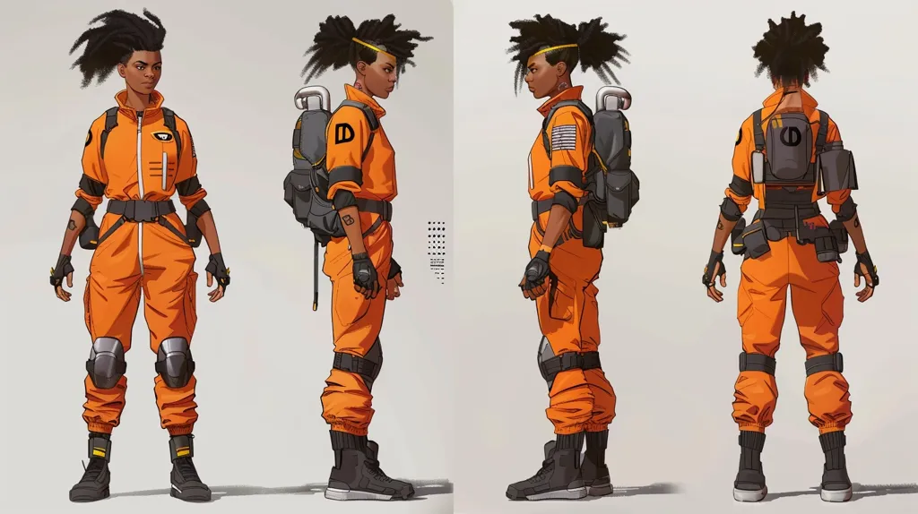 The image shows a female character from a video game, likely a futuristic or sci-fi setting. She is wearing an orange jumpsuit, black gloves, and knee pads. She has a large backpack and a variety of pouches and straps on her outfit, suggesting she is a combatant or explorer. Her short, curly dark hair and dark skin are visible, adding to the character's unique design. The character is depicted from three angles, front, side, and back, providing a complete view of her attire.  The art style is clean and detailed, focusing on the character's appearance and gear.  The overall impression is of a strong, capable, and stylish character.