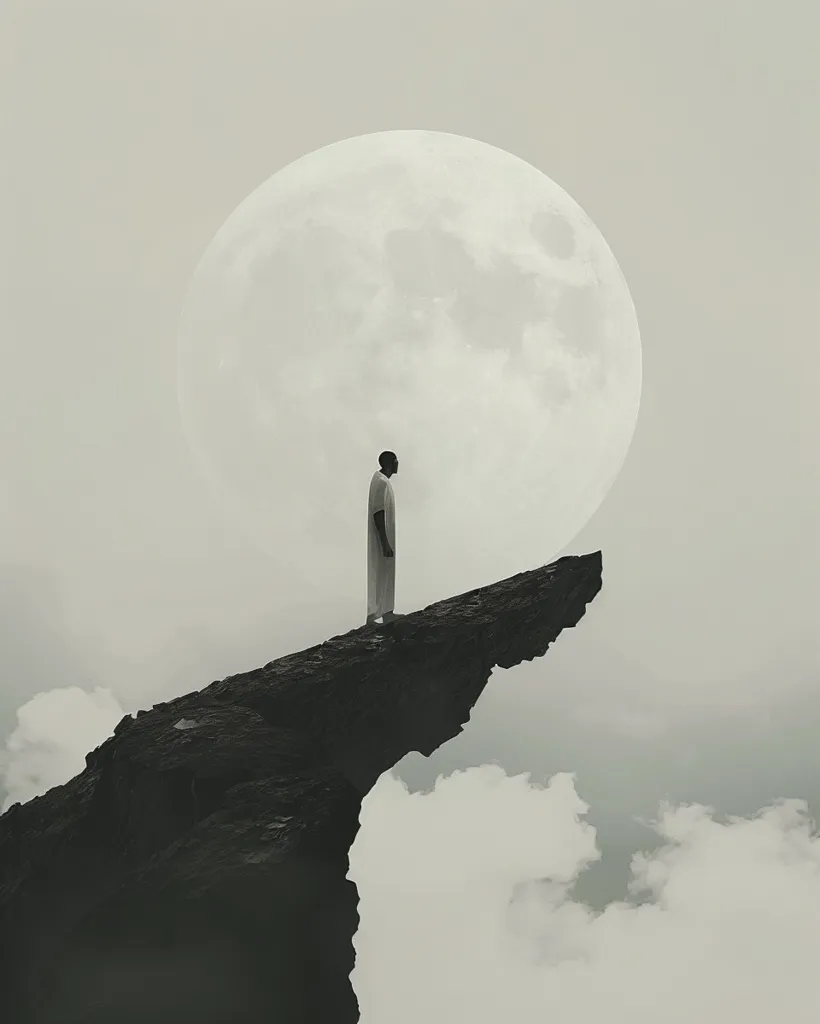 A lone figure stands on the edge of a cliff, silhouetted against a large, round moon. The sky is a muted grey, with wispy clouds scattered around. The scene is stark and minimalist, evoking a sense of isolation and contemplation. The figure's smallness in comparison to the massive moon emphasizes their vulnerability and insignificance in the vastness of the universe.  The image is a powerful study of human solitude and the overwhelming scale of nature.