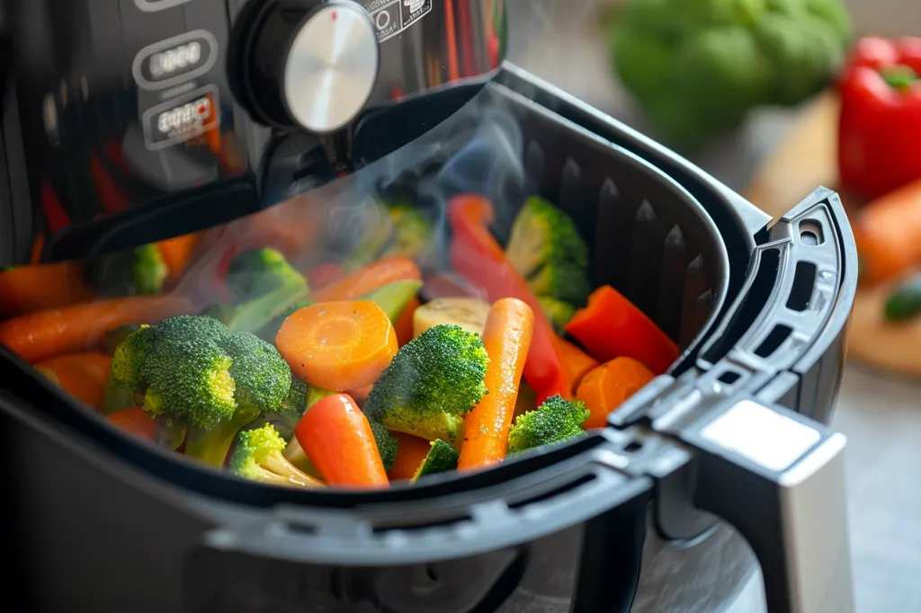 A black air fryer with a lid slightly ajar, filled with steamed vegetables. Broccoli florets, carrots, and red peppers are piled in the basket, releasing steam into the air. The air fryer is sitting on a countertop, with other vegetables out of focus in the background.  The image suggests a healthy and convenient meal preparation.
