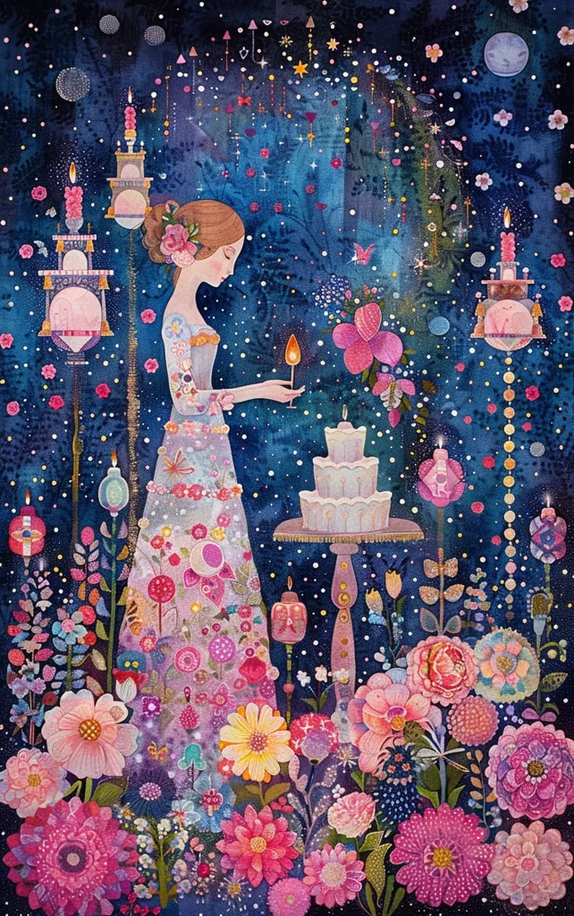 A whimsical illustration of a young woman in a floral dress standing in a garden illuminated by twinkling lights. She holds a lit candle, gazing at a multi-tiered cake, surrounded by vibrant flowers. The starry night sky adds to the magical and celebratory atmosphere.