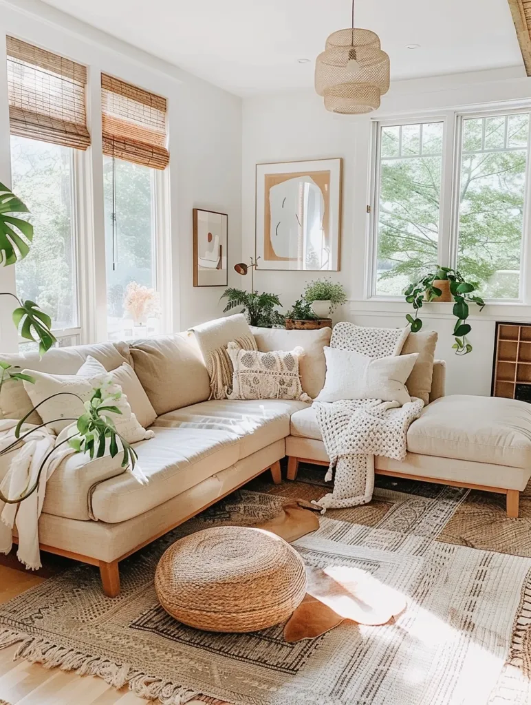 A cozy living room with a large sectional sofa, a woven ottoman, and a variety of throw pillows. The room is decorated in a neutral color scheme with natural textures, and the large windows let in plenty of natural light. The woven light fixture adds a touch of warmth and texture to the space.  The room is made up of a sectional sofa,  a couple of plants, and several large windows. The neutral color scheme gives a calm feeling to the living space.
