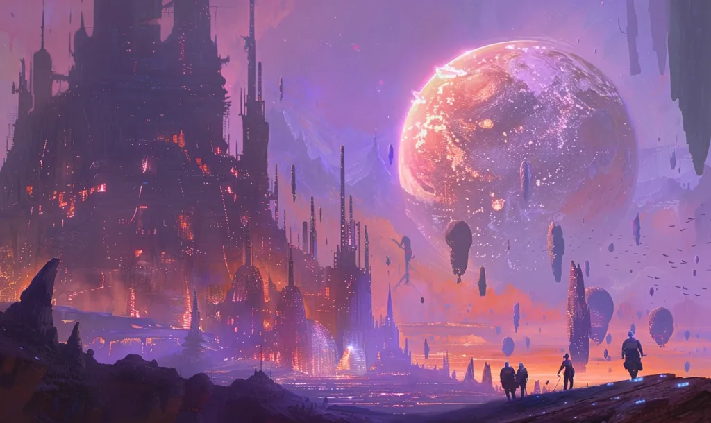 A futuristic city stands tall against a backdrop of a massive, glowing planet and a purple sky dotted with floating structures. The city is made of tall, dark buildings, with lights illuminating them from within. A group of figures stand on a rocky outcrop, observing the scene. The air is filled with an otherworldly atmosphere, suggesting a fantastical world beyond our own.