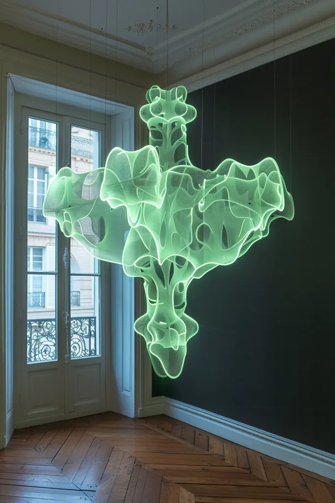 A large, abstract, green, glowing sculpture hangs from the ceiling of a room with a window, casting a warm glow on the hardwood floor. The sculpture is made of a delicate, translucent material and has a complex, organic shape. The room has white walls and a dark green accent wall. The window looks out onto a Parisian street. The overall effect is both modern and elegant.