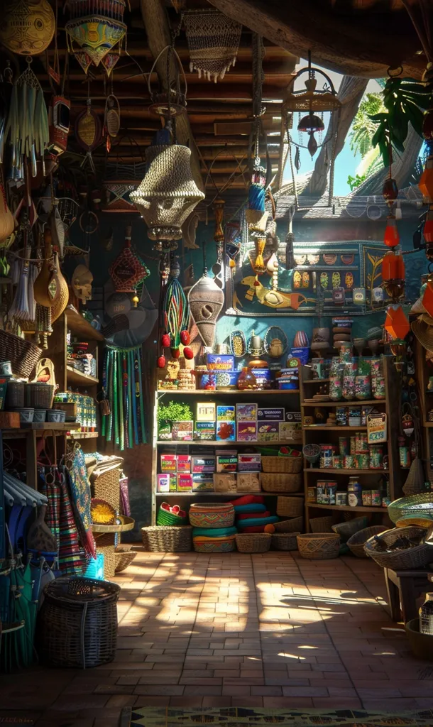 The image shows a cluttered shop, possibly a souvenir shop, with a wooden ceiling and shelves laden with various goods. The shop is filled with colorful baskets, woven items, and other trinkets. Sunlight streams in from a window, casting shadows on the brick floor. The atmosphere is warm and inviting, suggesting a place filled with interesting finds.