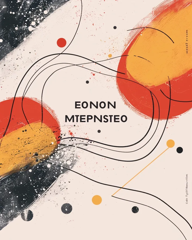 The image is a minimalist abstract design with a cream background.  It features large, overlapping circles in red, orange, and yellow, as well as smaller black circles scattered throughout.  The circles are connected by thin black lines that form a wave-like pattern.  The words "EONON" and "MTEPNSΤΕΟ" are printed in black in the center of the image.  The overall design is bold and graphic.  It uses contrasting colors and simple shapes to create a visually striking and modern feel.