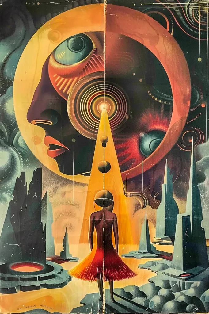 The image depicts a futuristic scene with a large, glowing orb in the background. The orb appears to be a planet or moon and has the face of a robotic creature on it, with a large eye and intricate mechanical details.  In the foreground, a figure stands in a flowing red and yellow dress, silhouetted against a beam of light emanating from the orb. The scene is filled with tall, slender structures reminiscent of futuristic cities. The overall tone of the image is dreamlike and mysterious, with a sense of wonder and anticipation.