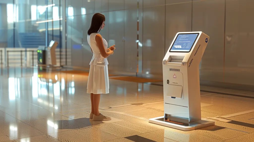 A woman in a white dress stands in a modern, sterile hallway, looking at a white self-service kiosk with a touchscreen. The kiosk has a logo on the side and a triangular warning sign. The floor is polished concrete and the walls are white and glass. The image is well-lit and has a clean, minimalist aesthetic.