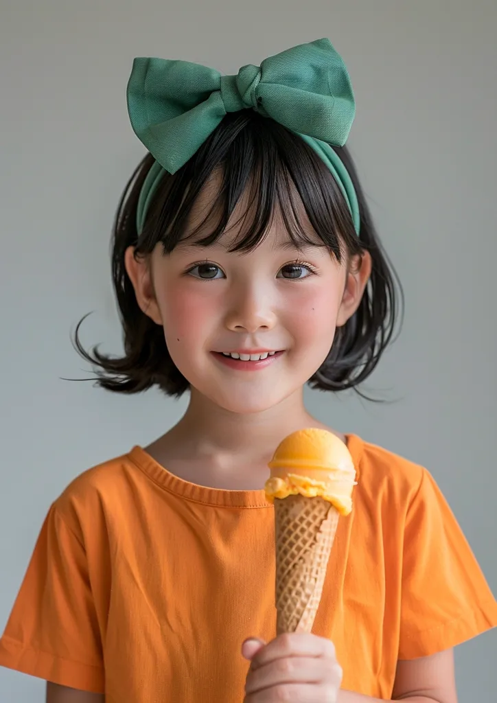 A young girl with short black hair wears a green bow headband and an orange t-shirt. She holds a cone of yellow ice cream and smiles at the camera. The background is a plain grey. The image captures a child's joy and innocence in a simple yet beautiful way.