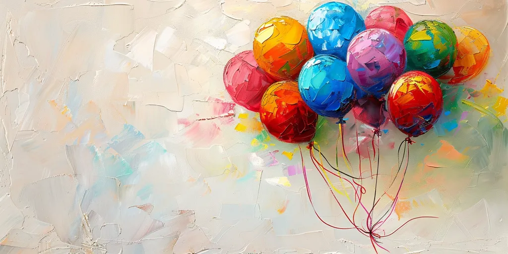 The painting depicts a cluster of colorful balloons against a light-colored background. The balloons are painted with bold strokes and vibrant hues of red, orange, yellow, blue, green, and purple. The artist has captured the joy and lightness associated with balloons, creating a sense of celebration and whimsy. The background is textured and textured, adding depth and dimension to the composition. The overall effect is cheerful and uplifting.