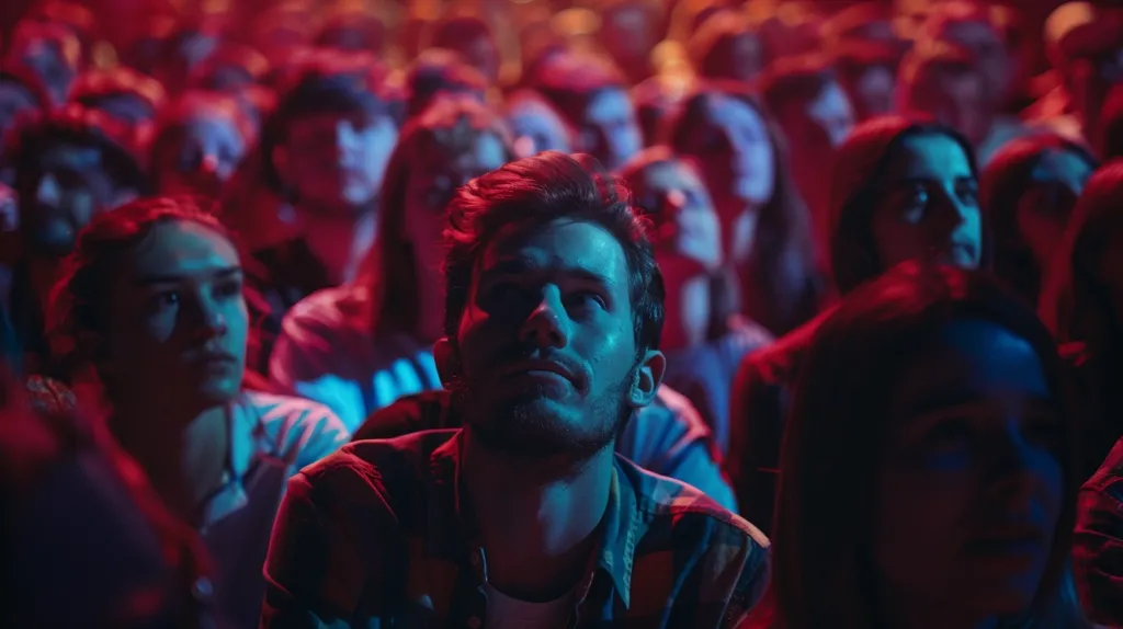 A young man with a beard sits in a crowded room bathed in red and blue light. He stares upwards with a thoughtful expression. The other people around him are out of focus, creating a sense of isolation. The scene suggests an audience watching a performance or presentation.