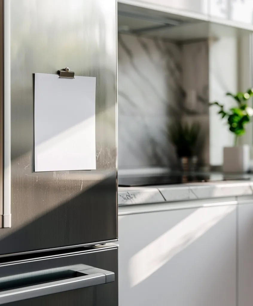 A stainless steel refrigerator with a blank white piece of paper clipped to the door. The refrigerator is in a modern kitchen with white cabinets and marble countertops. Light streams through the window, casting a warm glow on the scene.