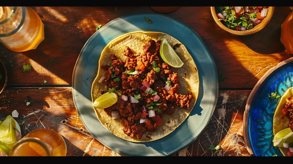 A close-up shot of a delicious looking taco, filled with seasoned ground meat, chopped onions and tomatoes, cilantro and a squeeze of lime. The taco is on a blue plate on a rustic wooden table, with a glass of amber liquid in the background.  There is a small bowl of pico de gallo in the top right corner, adding to the Mexican-inspired scene. The sunlight streams in, casting shadows across the table.