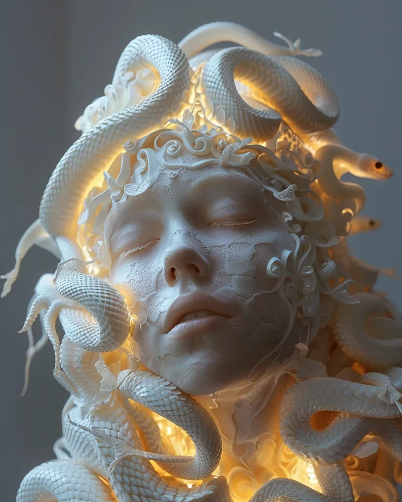 A close-up of a woman's face, intricately sculpted in white, with snakes intertwined around her head and neck. The image features a soft, ethereal glow emanating from the snakes, highlighting the delicate details of the sculpture. The woman's eyes are closed, suggesting a sense of peace or tranquility. The overall effect is both beautiful and slightly unsettling, hinting at the duality of nature.