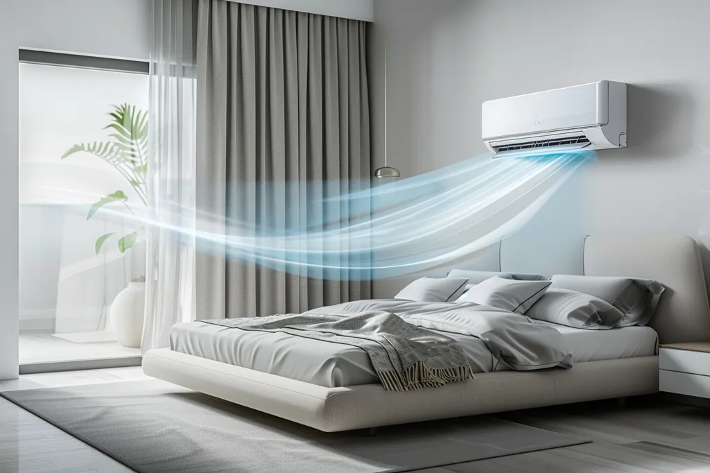 A modern bedroom with a large bed, gray curtains, and a white air conditioner on the wall. The air conditioner is blowing cool air, depicted as a blue, wavy stream, towards the bed.  A grey carpet and a small plant can also be seen. The image suggests a comfortable and cool bedroom.