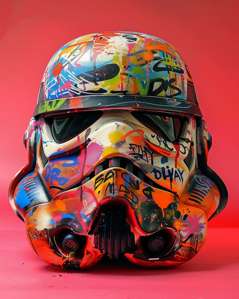 A Stormtrooper helmet, a classic symbol of the Galactic Empire, is transformed into a piece of street art. Covered in vibrant splashes of paint, colorful graffiti tags, and dripping colors, the helmet stands out against a bright pink background. The contrasting colors and styles create a striking visual that blends the iconic with the modern.