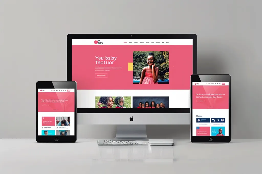The image shows three devices displaying a website with a pink and white color scheme. The website features a logo of a red apple with the word "Gtoa" written underneath.  The website has images of young girls and the text "Your bisisy Taotior" displayed prominently on the desktop monitor.  The other two devices are a tablet and a mobile phone.  All three devices are sitting on a white surface.