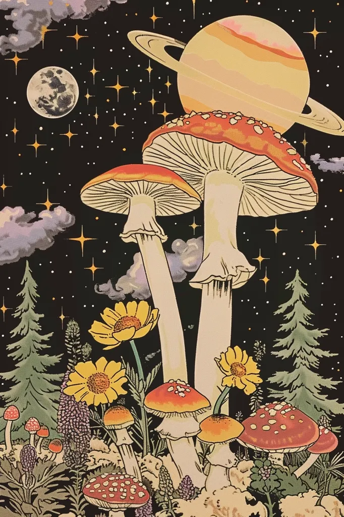 The image is a psychedelic illustration of a night sky filled with stars and a planet with rings. Three large mushrooms with red caps and white stems stand in the foreground, surrounded by smaller mushrooms and yellow flowers. The illustration evokes a sense of fantasy and wonder. The colors are vibrant and the details are intricate, creating a captivating visual experience.