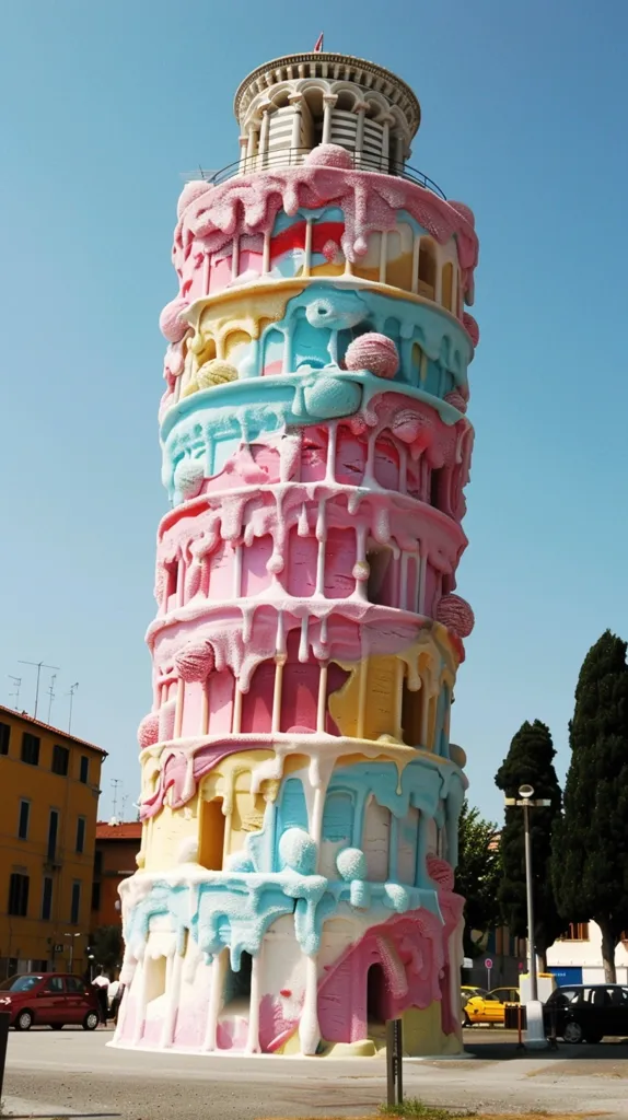 A large, colorful structure resembling a giant cake stands against a bright blue sky. The building has multiple tiers, each with a different color, including pink, yellow, blue, and white, and is covered in a thick, white frosting that appears to be melting. The structure has a whimsical, almost surreal appearance, creating an intriguing juxtaposition of architecture and confectionery.